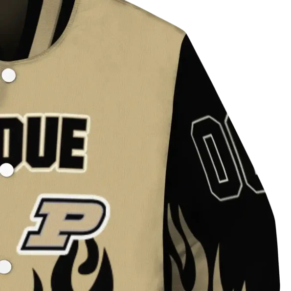 customized purdue boilermakers flame border gold black varsity jacket premium grade.webp