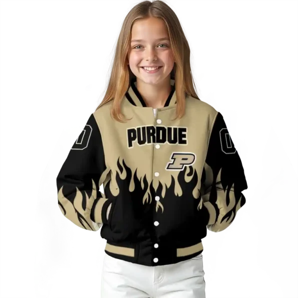 customized purdue boilermakers flame border gold black varsity jacket top rated.webp