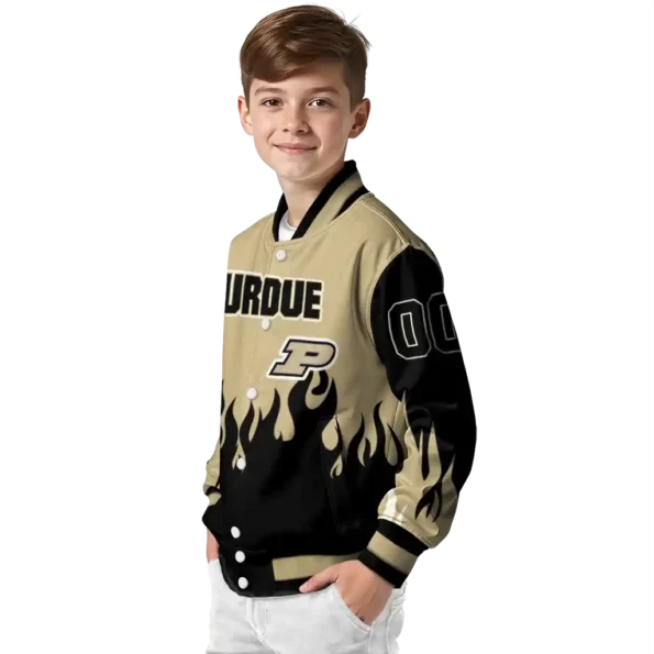 customized purdue boilermakers flame border gold black varsity jacket trendy.webp