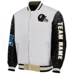 customized purdue boilermakers speckled arms gold gray varsity jacket best selling.webp