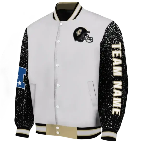 customized purdue boilermakers speckled arms gold gray varsity jacket best selling.webp