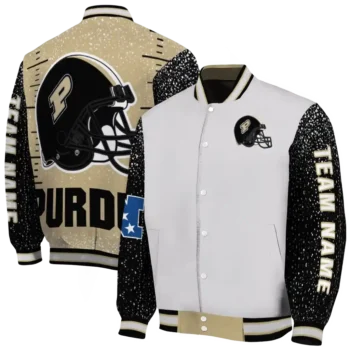 customized purdue boilermakers speckled arms gold gray varsity jacket fashion forward.webp