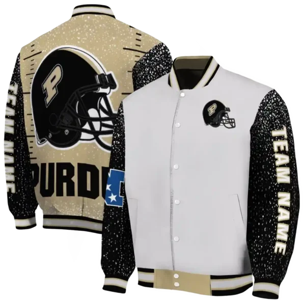 customized purdue boilermakers speckled arms gold gray varsity jacket fashion forward.webp