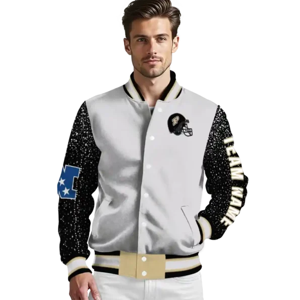 customized purdue boilermakers speckled arms gold gray varsity jacket high quality.webp