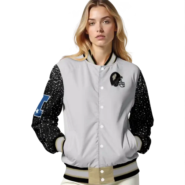 customized purdue boilermakers speckled arms gold gray varsity jacket latest model.webp