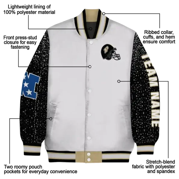 customized purdue boilermakers speckled arms gold gray varsity jacket new arrival.webp