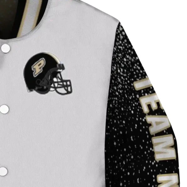customized purdue boilermakers speckled arms gold gray varsity jacket premium grade.webp