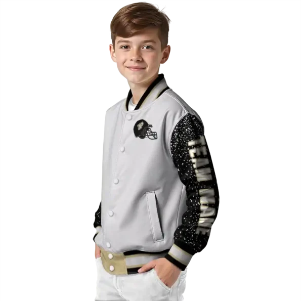 customized purdue boilermakers speckled arms gold gray varsity jacket trendy.webp
