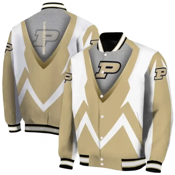 customized purdue boilermakers v stripes gold white varsity jacket fashion forward.webp
