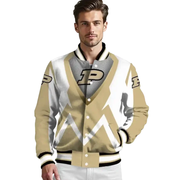 customized purdue boilermakers v stripes gold white varsity jacket high quality.webp