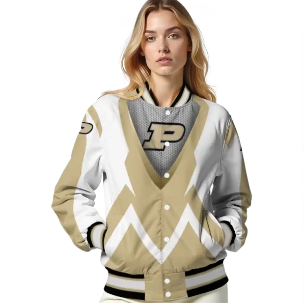 customized purdue boilermakers v stripes gold white varsity jacket latest model.webp