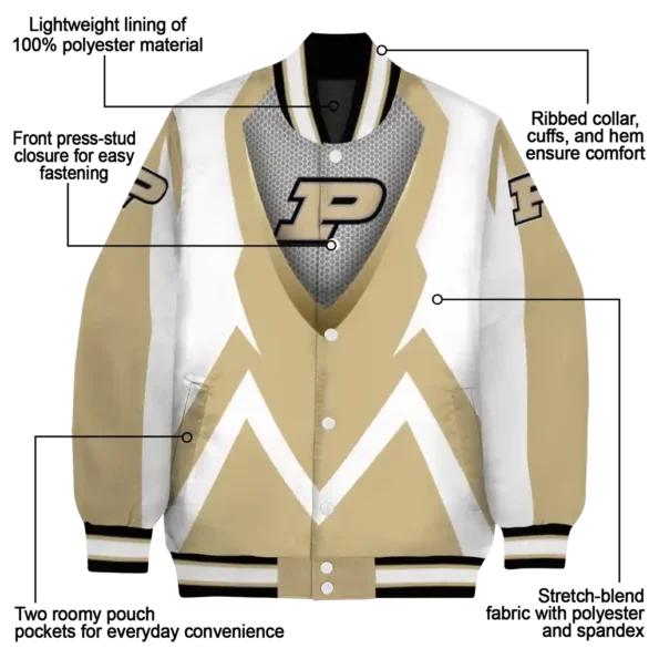 customized purdue boilermakers v stripes gold white varsity jacket new arrival.webp