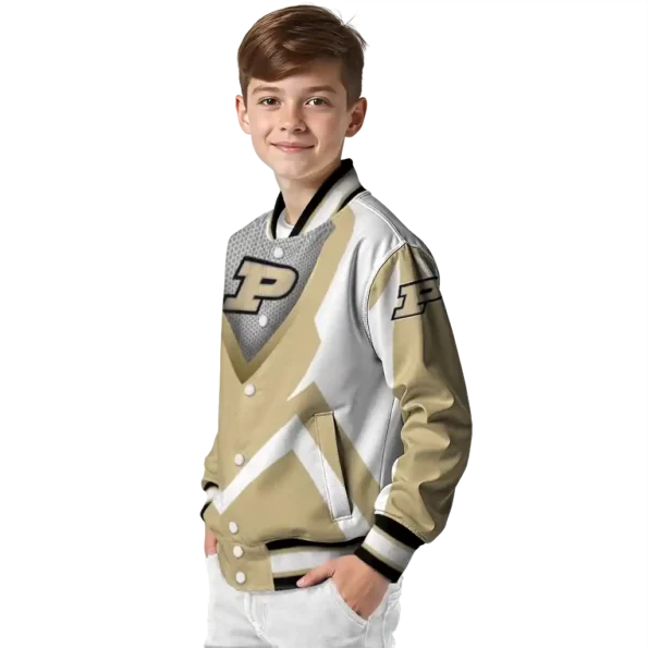 customized purdue boilermakers v stripes gold white varsity jacket trendy.webp