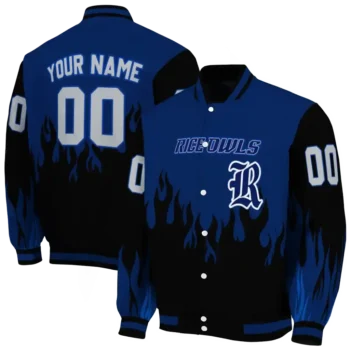 customized rice owls flame border navy blue black varsity jacket fashion forward.webp