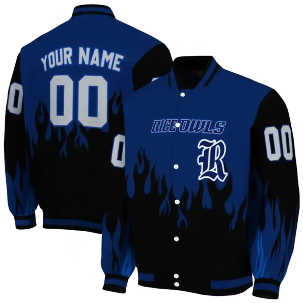 customized rice owls flame border navy blue black varsity jacket fashion forward.webp