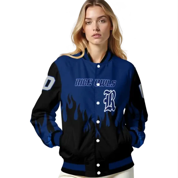 customized rice owls flame border navy blue black varsity jacket latest model.webp