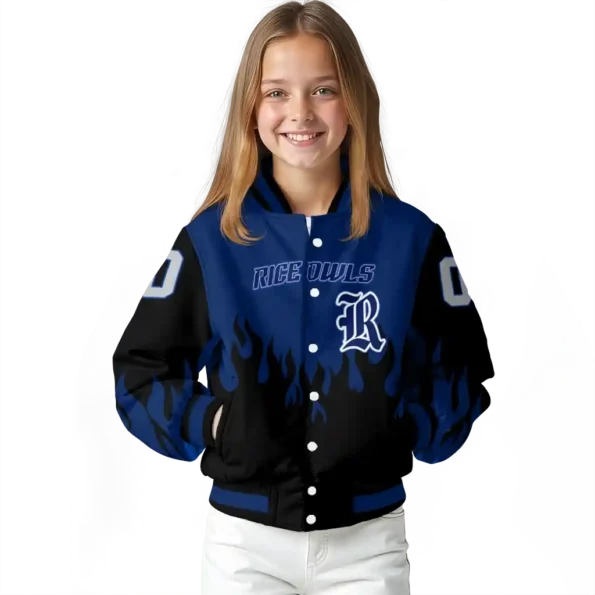 customized rice owls flame border navy blue black varsity jacket top rated.webp