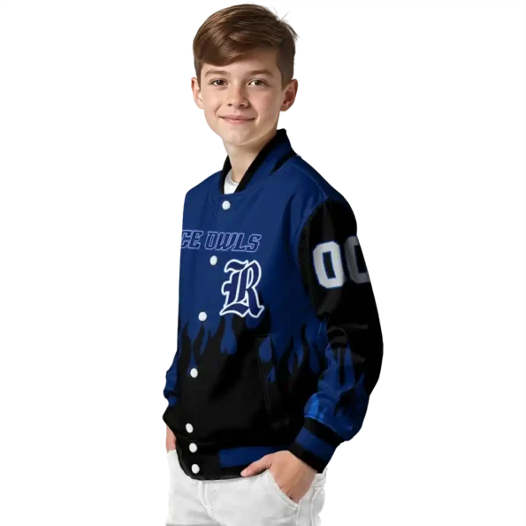 customized rice owls flame border navy blue black varsity jacket trendy.webp