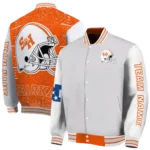 customized sam houston bearkats speckled arms orange gray varsity jacket best selling.webp
