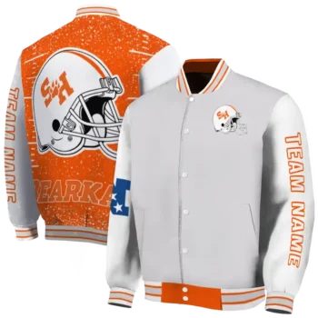 customized sam houston bearkats speckled arms orange gray varsity jacket fashion forward.webp