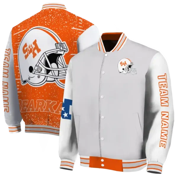customized sam houston bearkats speckled arms orange gray varsity jacket fashion forward.webp