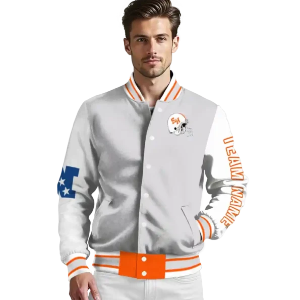 customized sam houston bearkats speckled arms orange gray varsity jacket high quality.webp