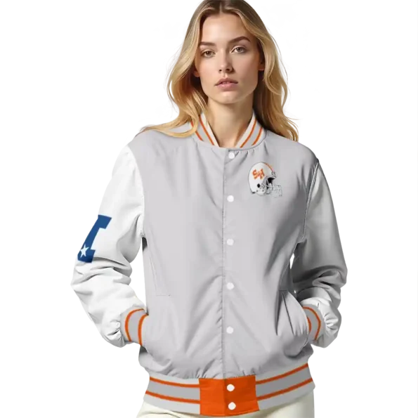 customized sam houston bearkats speckled arms orange gray varsity jacket latest model.webp