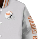 customized sam houston bearkats speckled arms orange gray varsity jacket best selling.webp