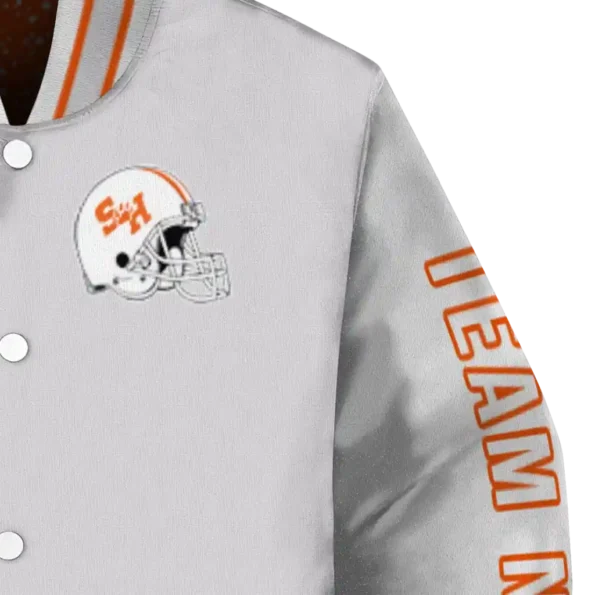 customized sam houston bearkats speckled arms orange gray varsity jacket premium grade.webp