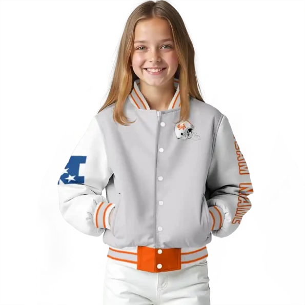 customized sam houston bearkats speckled arms orange gray varsity jacket top rated.webp