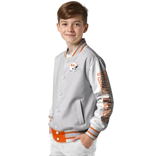 customized sam houston bearkats speckled arms orange gray varsity jacket trendy.webp