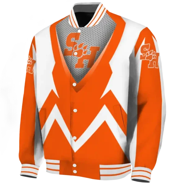 customized sam houston bearkats v stripes orange white varsity jacket best selling.webp