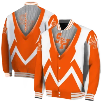 customized sam houston bearkats v stripes orange white varsity jacket fashion forward.webp