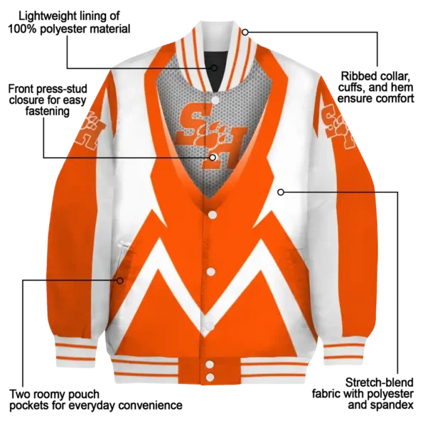 customized sam houston bearkats v stripes orange white varsity jacket new arrival.webp