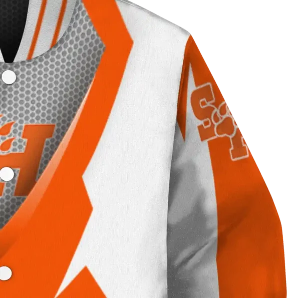 customized sam houston bearkats v stripes orange white varsity jacket premium grade.webp
