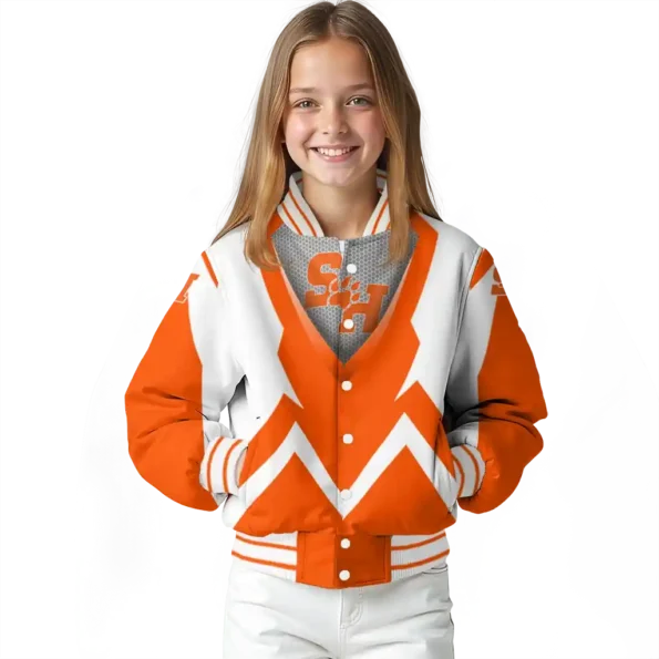customized sam houston bearkats v stripes orange white varsity jacket top rated.webp