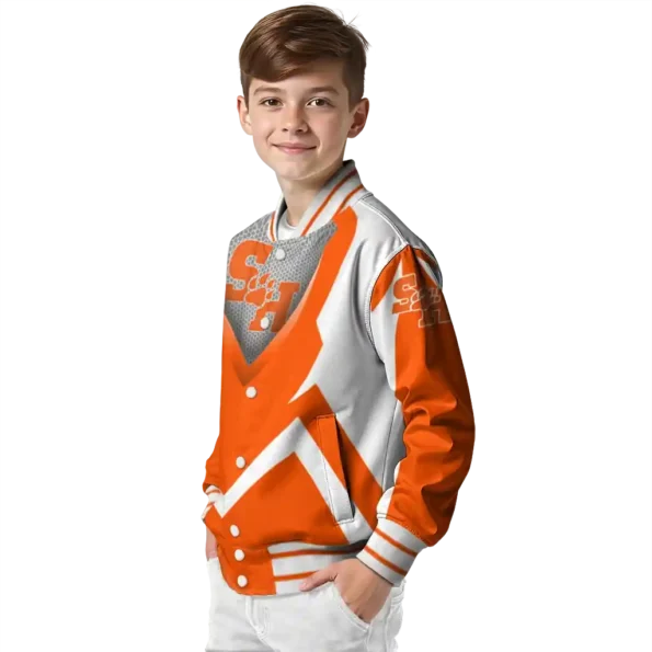customized sam houston bearkats v stripes orange white varsity jacket trendy.webp