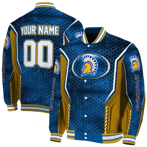 customized san jose state spartans power plate blue varsity jacket fashion forward.webp