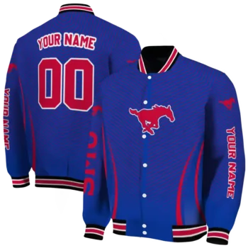 customized smu mustangs chevron arrow blue varsity jacket fashion forward.webp
