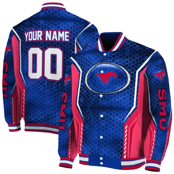 customized smu mustangs power plate blue varsity jacket fashion forward.webp