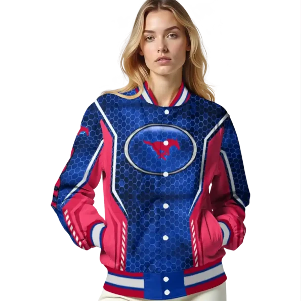 customized smu mustangs power plate blue varsity jacket latest model.webp