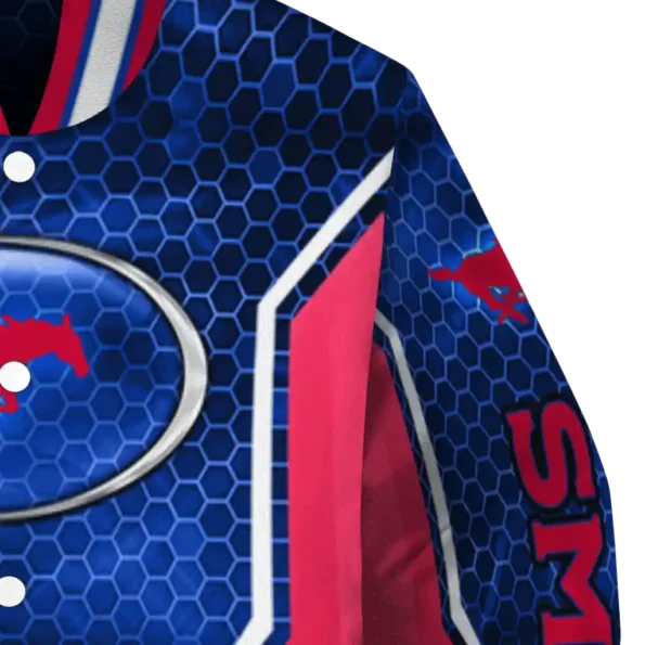 customized smu mustangs power plate blue varsity jacket premium grade.webp