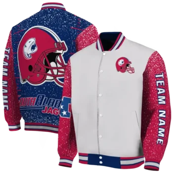 customized south alabama jaguars speckled arms blue gray varsity jacket fashion forward.webp