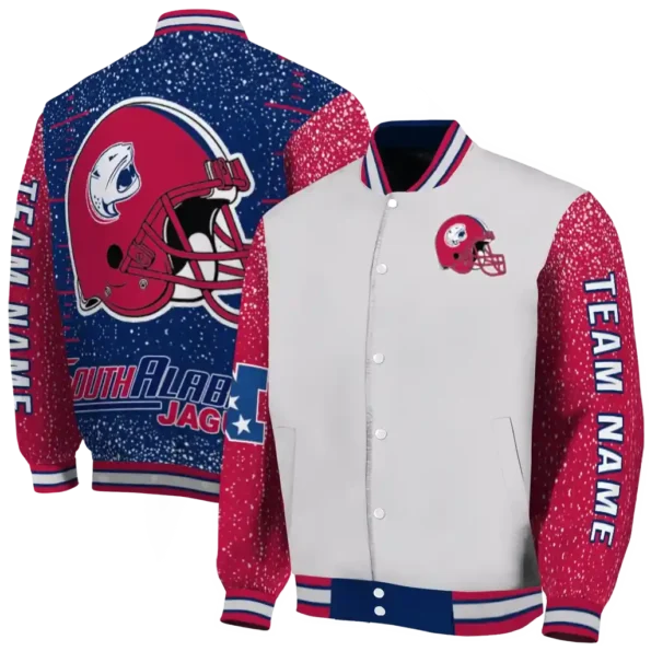 customized south alabama jaguars speckled arms blue gray varsity jacket fashion forward.webp