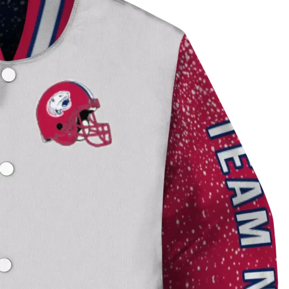 customized south alabama jaguars speckled arms blue gray varsity jacket premium grade.webp