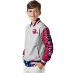 customized south alabama jaguars speckled arms blue gray varsity jacket best selling.webp