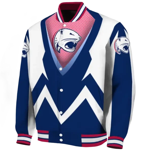 customized south alabama jaguars v stripes blue white varsity jacket best selling.webp