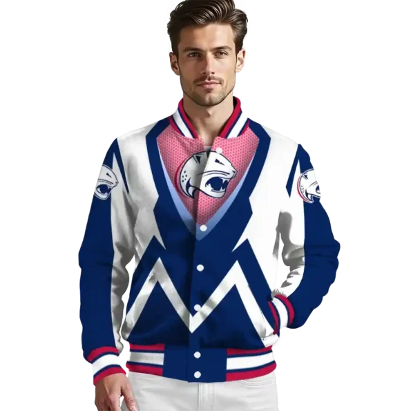 customized south alabama jaguars v stripes blue white varsity jacket high quality.webp