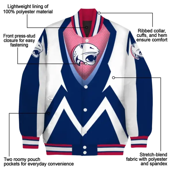 customized south alabama jaguars v stripes blue white varsity jacket new arrival.webp