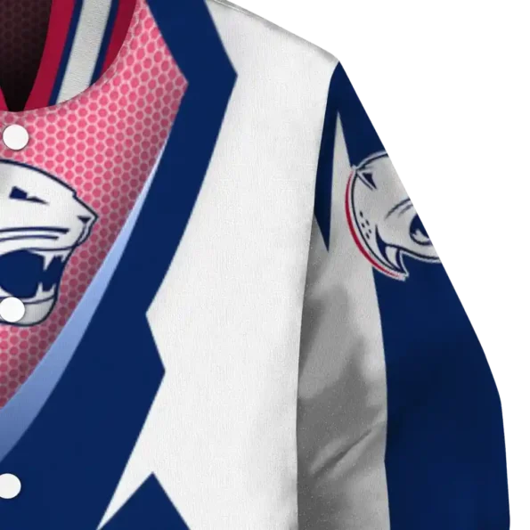 customized south alabama jaguars v stripes blue white varsity jacket premium grade.webp
